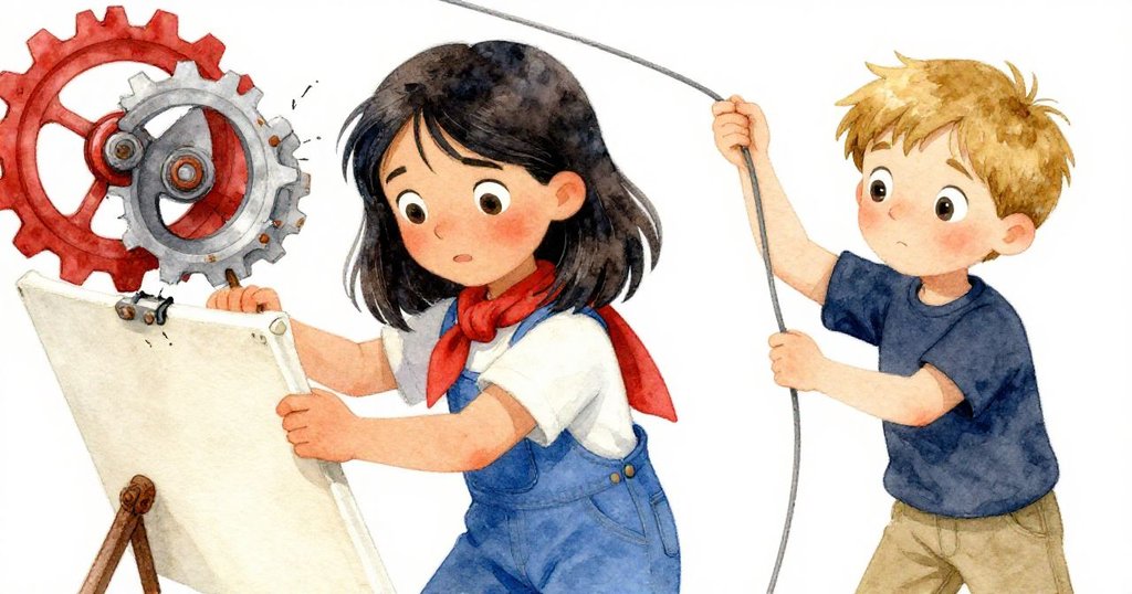 Mae緊握布片,專注發現生鏽齒輪的細微裂痕,Eli在後協助收線,洋溢著勝利曙光。