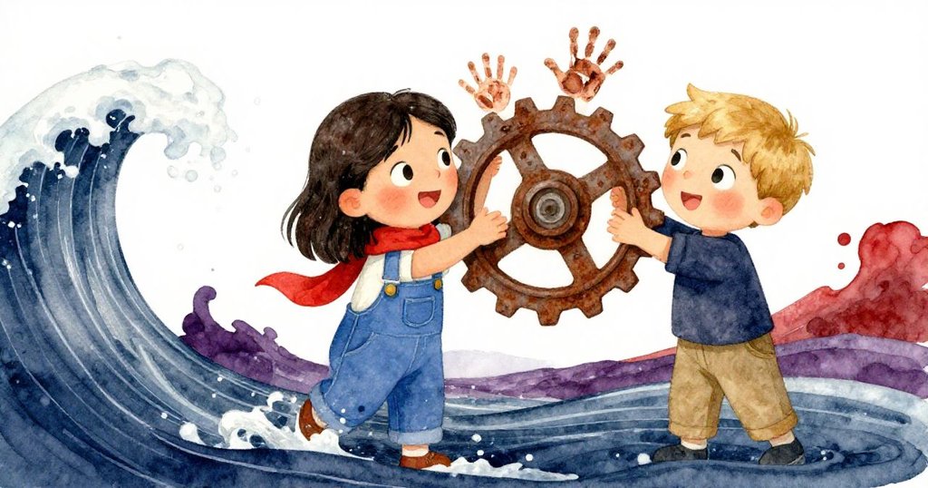 在最後時刻,Mae與Eli滿懷喜悅,見證齒輪轉動與海潮退去,油跡手印象徵團結努力。