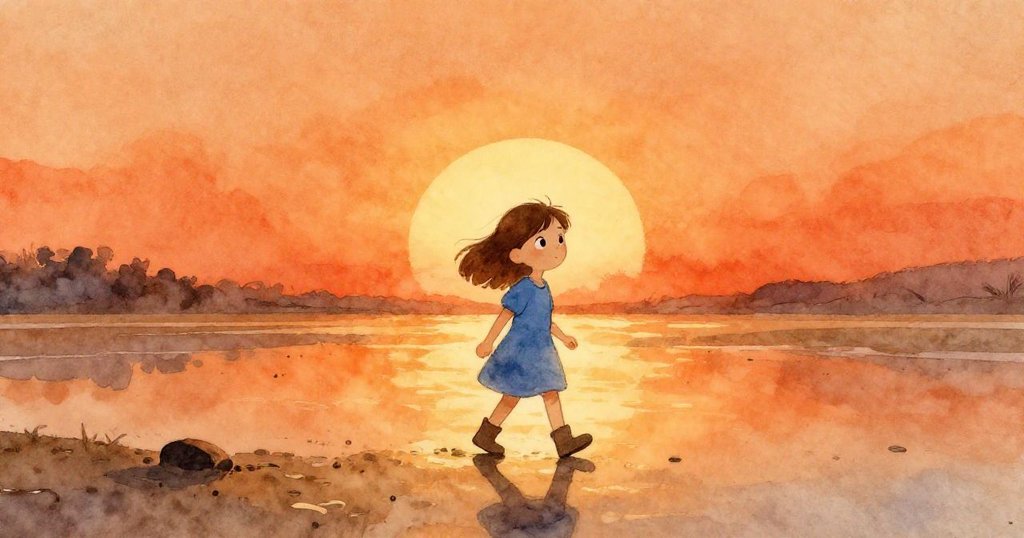 黎明時分,Ruby身著藍色洋裝在廣闊潮灘上行走,剪影映在溫暖橙光中,充滿期待與活力。