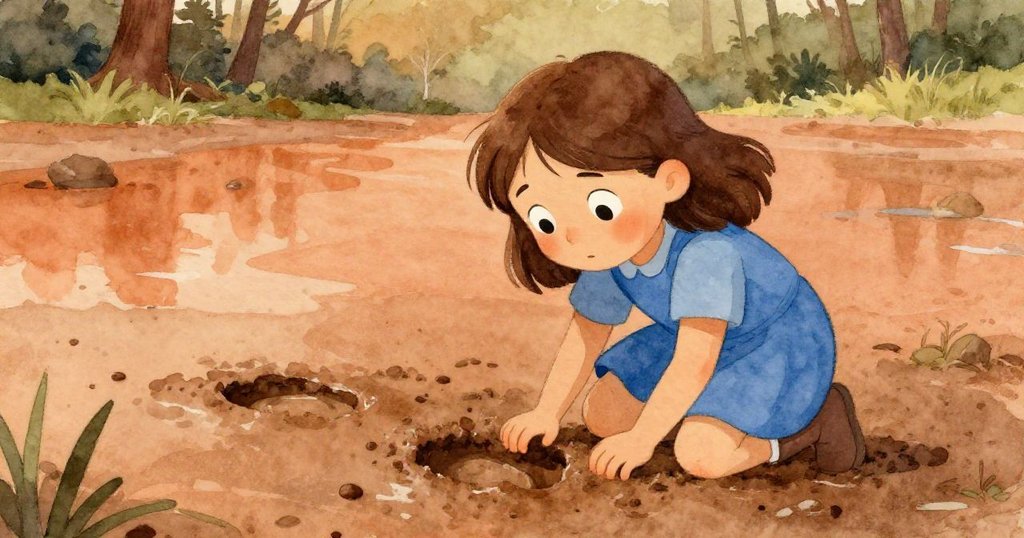 Ruby蹲於潮濕泥灘細察深深腳印,雙眼滿含好奇,背景映著金銅曙光與微妙紋理。