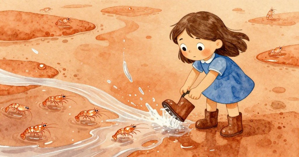 Ruby用靴子撥動湍流,水流改道聚向淺水池,閃爍透明蝦子伴隨銅色光芒飄動。