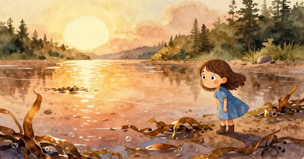 低潮時分,陽光將潮灘海藻與彩泡染成溫暖金色,Ruby輕觸自然,感受時光流轉。