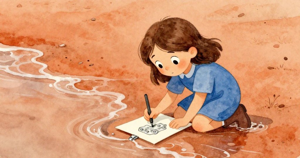 Ruby靜心以炭筆記錄鉸鏈印記,濕潤畫紙上的細節隨潮水輕拂鞋面,散發溫柔餘暉。