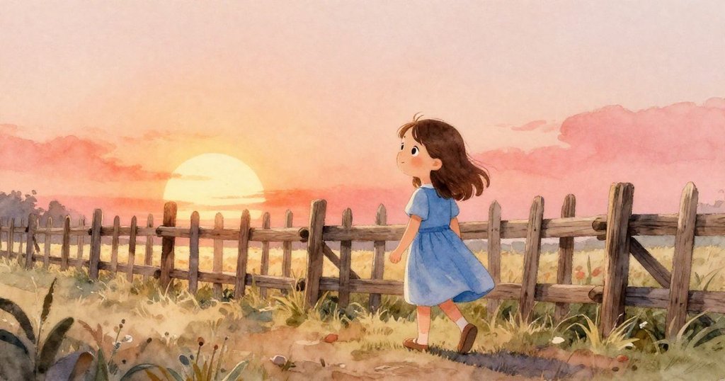 Rosa 在溫暖夕陽下沿著高木柵欄漫步,神情溫柔,背景展現柔和玫瑰粉與橘色調,展現靜謐起程。