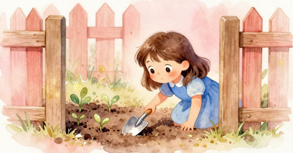 Rosa 俯身透過柵欄的正方形缺口,發現秘密花園中嫩綠芽和閃爍銀色工具,臉上流露驚奇與好奇。