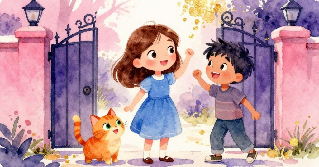 Rosa、男孩與活潑橘貓在金屬柵門前歡聚一堂,彼此交流喜悅,畫面色彩鮮豔溫暖,展現團聚快樂。