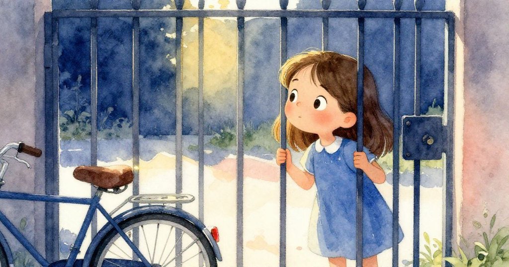 Rosa 靜靜靠近高金屬柵門,單眼探視發亮後燈的腳踏車,陽光照耀中展現沉思與滿足感,結尾溫馨。