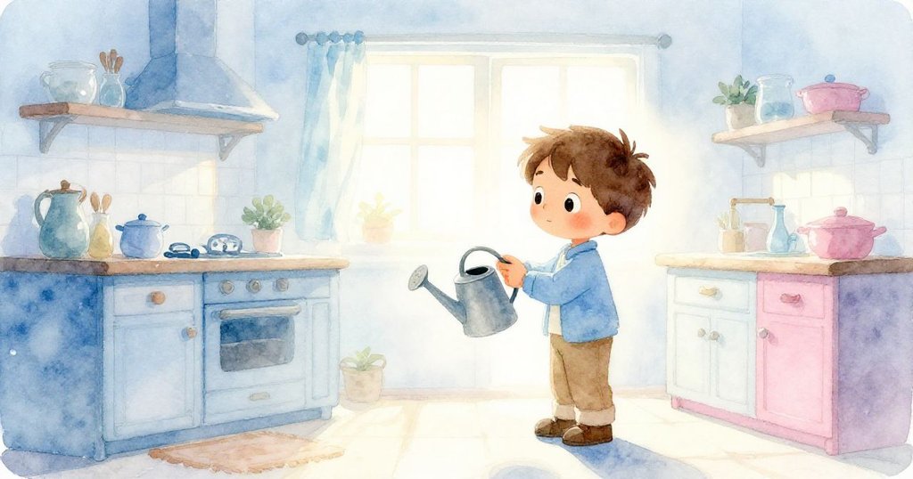 山姆在溫暖的小廚房中拿著澆水壺,清晨的日光灑進窗戶,他的輪廓明亮而充滿希望。