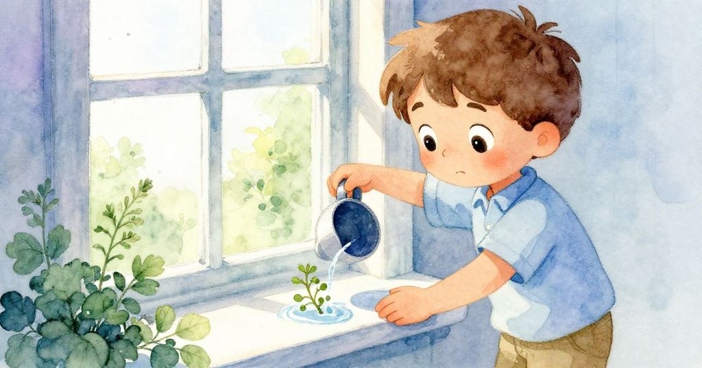 山姆專注地靠近窗邊,輕柔地澆水灌溉窗台上的細嫩香草,他的表情充滿耐心與關愛。