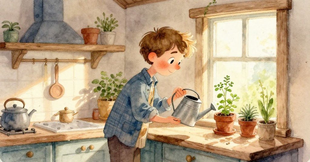 水花濺起,濕紙隨之移動並推動著光亮的玻璃彈珠,擺在廚房架子上呈現一刻急促而戲劇性的變化。