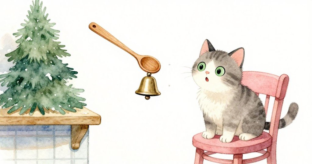 木匙微微傾斜敲擊出鈴鐺的清脆聲音,正坐在椅子上的小貓聽到後露出驚訝眼神,場面充滿動感。
