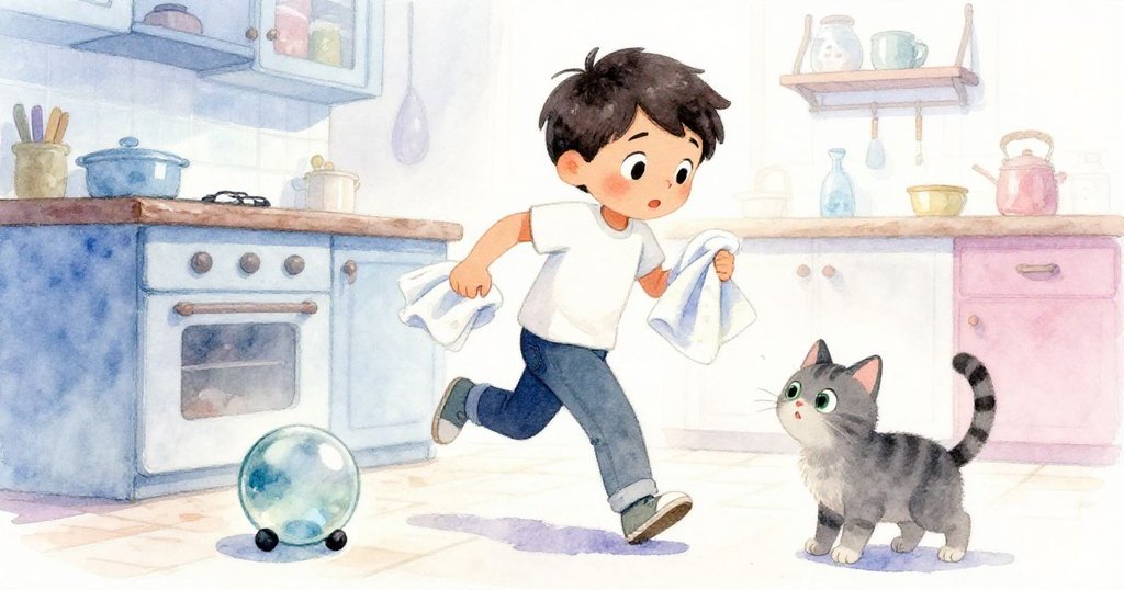 迪恩急速進入廚房,手持毛巾準備清理水災,小貓警覺地守護著滾動的彈珠,氛圍充滿急切與合作情誼。