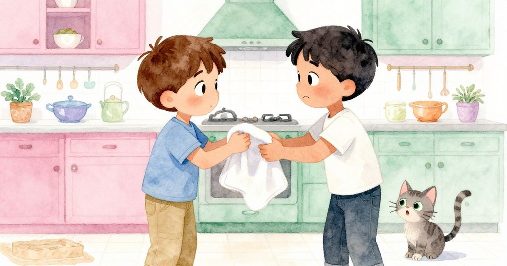 山姆與迪恩在廚房中互望感激,迪恩遞出毛巾協助清理,小貓尾巴輕揮象徵守護,場景恢復寧靜溫馨。