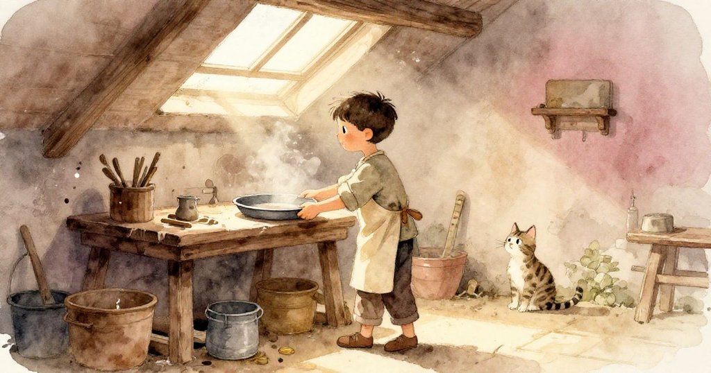 斯塞斯在晨光中推動淺鍍錫盤，條紋貓在桌角注視，工作室中充滿暖意和好奇心，呈現溫馨早晨場景。