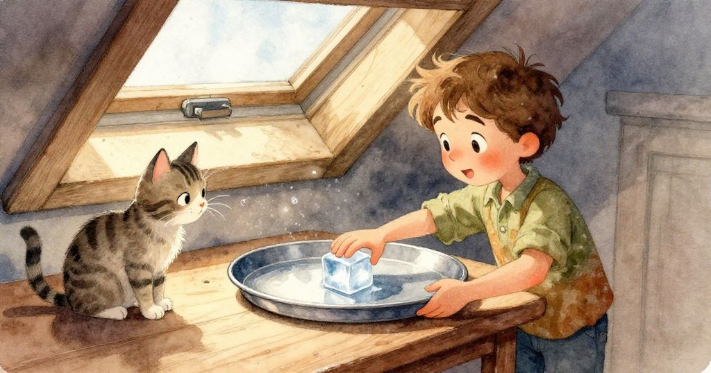 斯塞斯的冰塊放在錫盤上開始融化，細小蒸汽緩緩上升，條紋貓目光專注，細節豐富且充滿奇妙感。