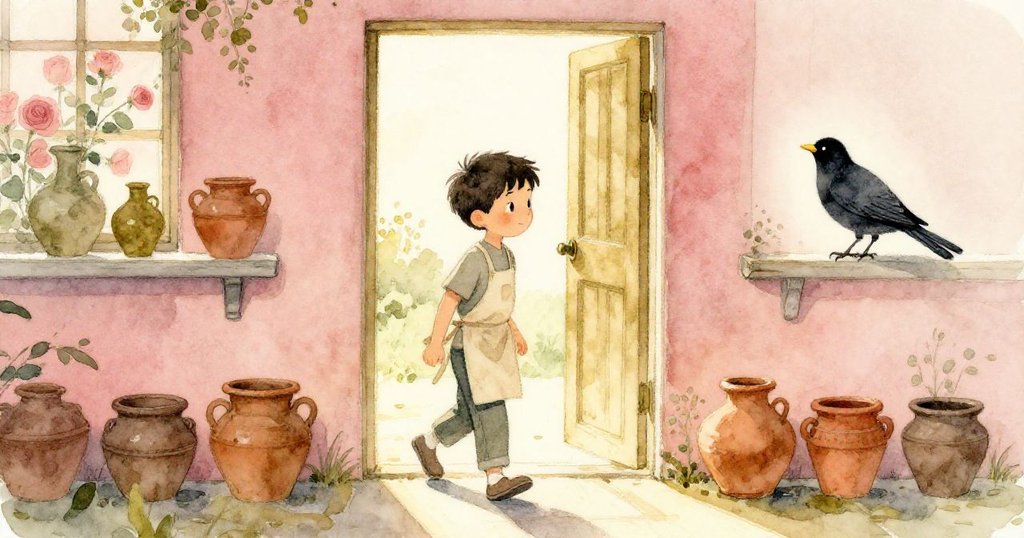 斯塞斯邁步向外，透過打開的門映入溫暖午後光芒，陶罐排列井然，黑鳥輕落其上，洋溢著寧靜情懷。