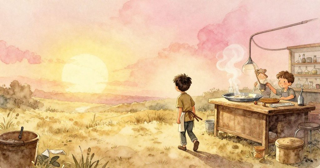 斯塞斯在黃昏中退回門邊，擦淨手上塵土，條紋貓靜立一旁，溫柔夕陽和金色光影營造寧靜餘韻。