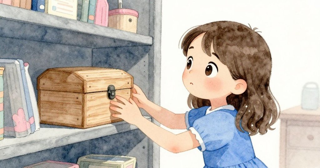 珍珠細緻地接觸高處的雪松盒子，明亮好奇的眼神與手勢呈現探索開始，工作坊內柔和燈光與木質陳設相映成趣。