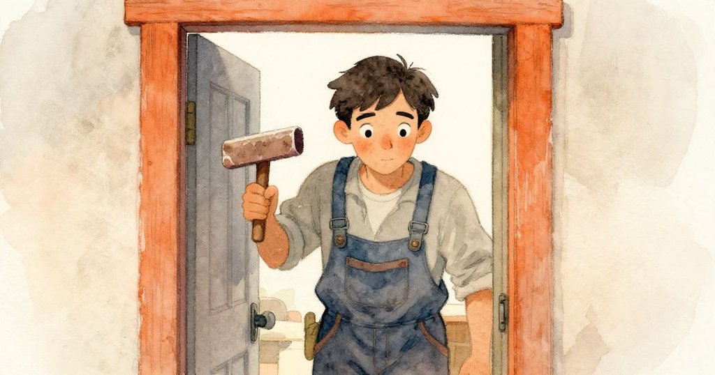 Bram從側門輕步進入，透過窄縫透露出專注神情與手中打磨過的手杖，工作坊內靜謐氣氛逐漸鋪陳展開。