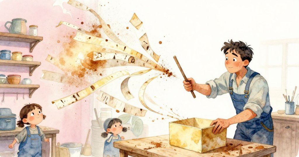 Bram輕觸盒側，雕刻白樺條瞬間飛濺，淡粉狀香氣在光影間舞動，彷彿夢幻般呈現木工奇遇瞬間。