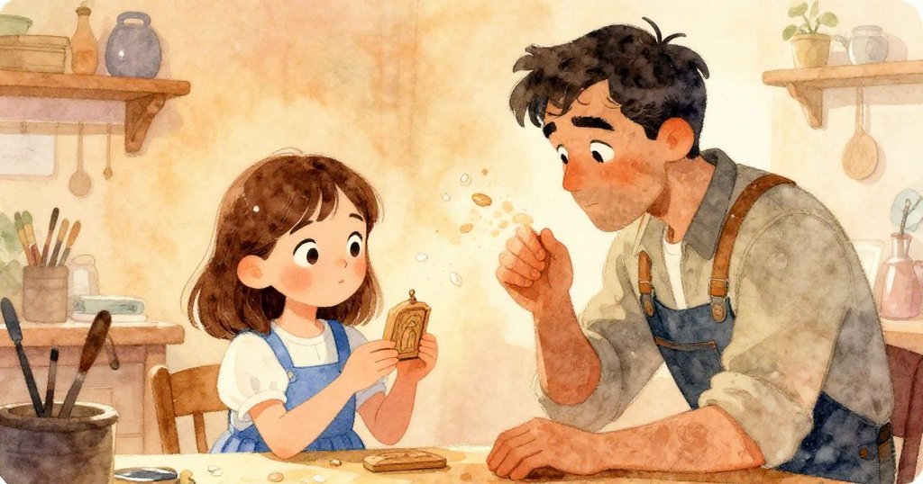 珍珠小心托起微妙的迷你浮雕，Bram輕輕拂動散落粉塵，兩人驚喜互動在溫暖工作坊內刻畫出情節高潮。