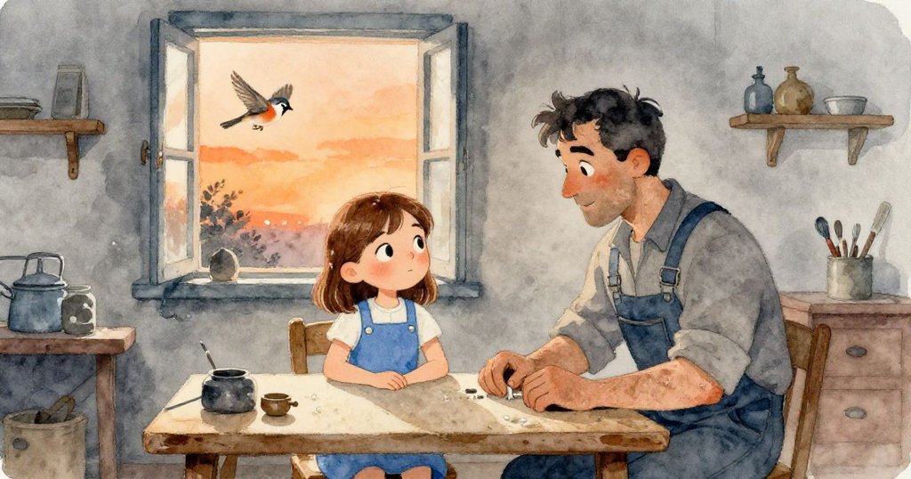 珍珠與Bram於低桌旁靜坐休憩，窗外夕陽餘暉映照下麻雀輕飛，溫馨與寧靜交織展現故事尾聲。