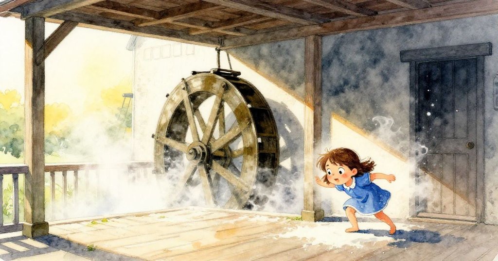 珍珠低頭穿越陽光庭院進入潮濕磨坊,水輪轉動、麵粉霧氣漫布,場景光影明暗對比鮮明。