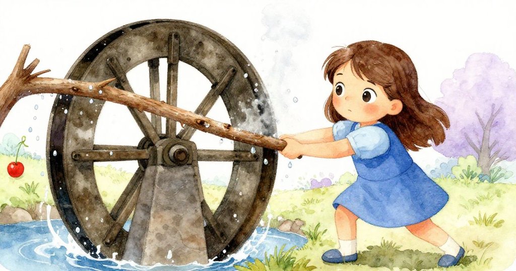 珍珠蹲下拉扯卡住麥輪的腫脹樹枝,面露堅毅,周圍水霧與麵粉氤氳創造出濕潤氛圍。