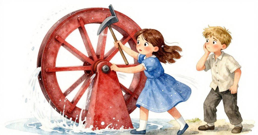 麥輪急速旋轉飛濺滴水與麵粉糊,珍珠迅速撿起變形撥棒,杰斯珀穩撐軸心,動感與緊張氛圍濃厚。