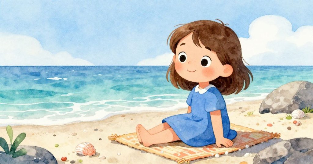 諾拉坐在海邊墊上，四周散落貝殼與岩石，藍天海浪相伴，臉上流露好奇溫柔情感。