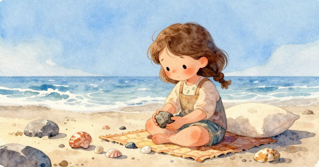 諾拉伸手輕舉圓形岩石，沙墊上細節豐富，呈現認真探索與溫柔情感。