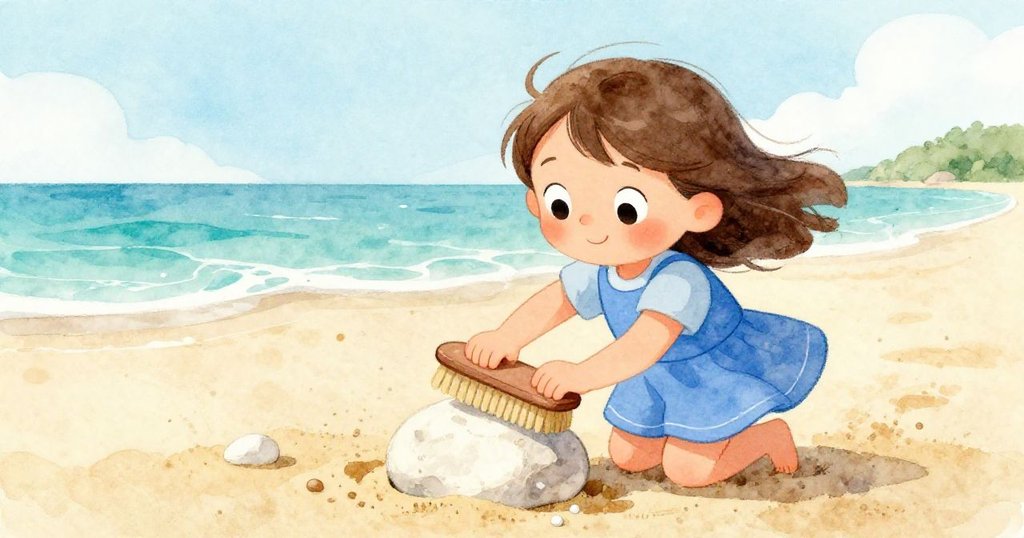 風輕輕拂過墊面，沙粒覆蓋白岩，諾拉細心刷去沙塵，展現堅定與溫柔。