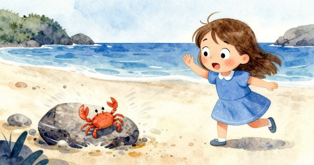 岩石突然滑動現螃蟹，諾拉驚呼並急速縮手，捕捉海邊驚奇與動感瞬間。