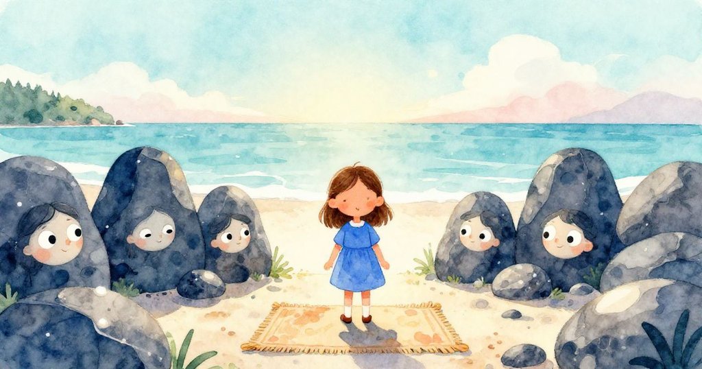 諾拉站於整齊岩石前，望向遼闊海天，滿懷期待迎向全新冒險旅程。