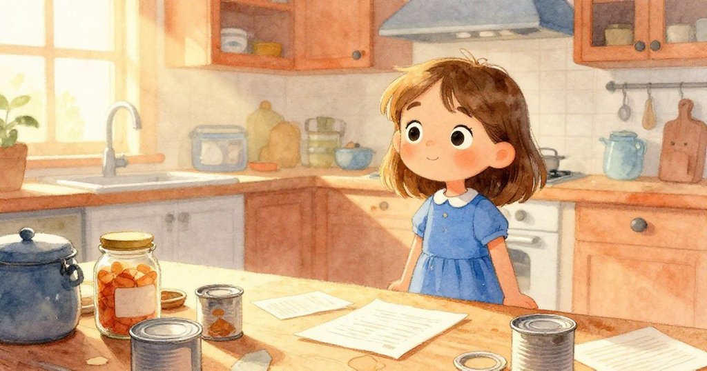 在明亮溫暖的廚房中，Gwen站在雜亂的桌面上，身邊有瓶罐、紙張和空罐，充滿期待與好奇的眼神展現出新一天開始的活力。