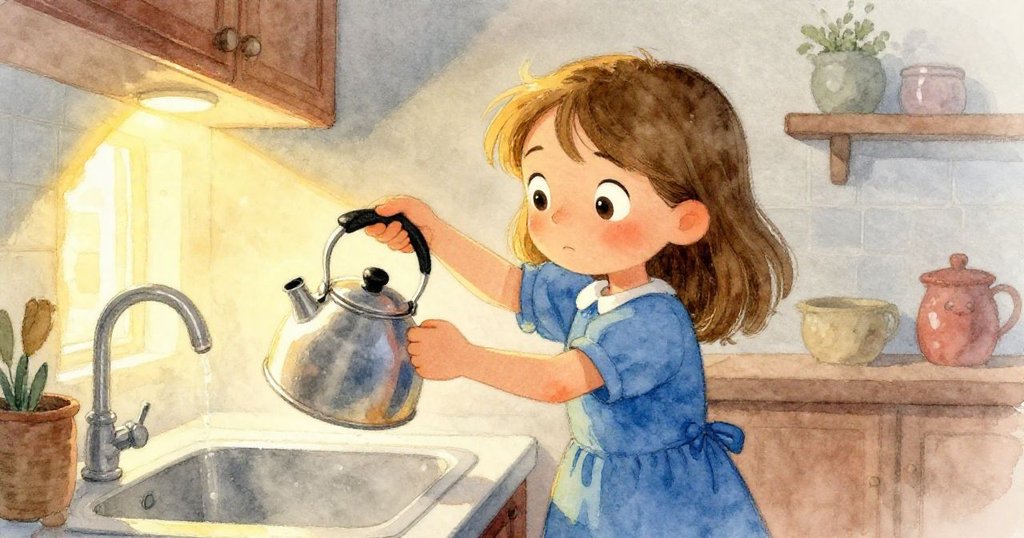 Gwen小心翼翼地提起滿滿的水壺，象徵著她對家務和回收工作的承諾，臉上滿是專注與決心，背景柔和光影環繞。