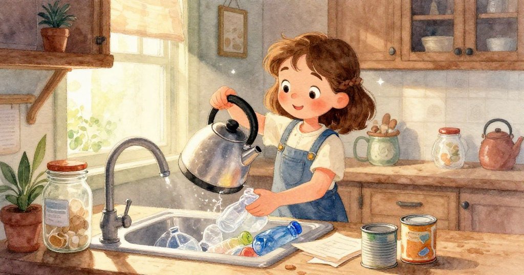 水珠在廚房桌上急速流動並映出微光，濕透的紙袋和散落的鉛筆呈現出動態細節，背景隱約顯露出Gwen憂慮的神情。