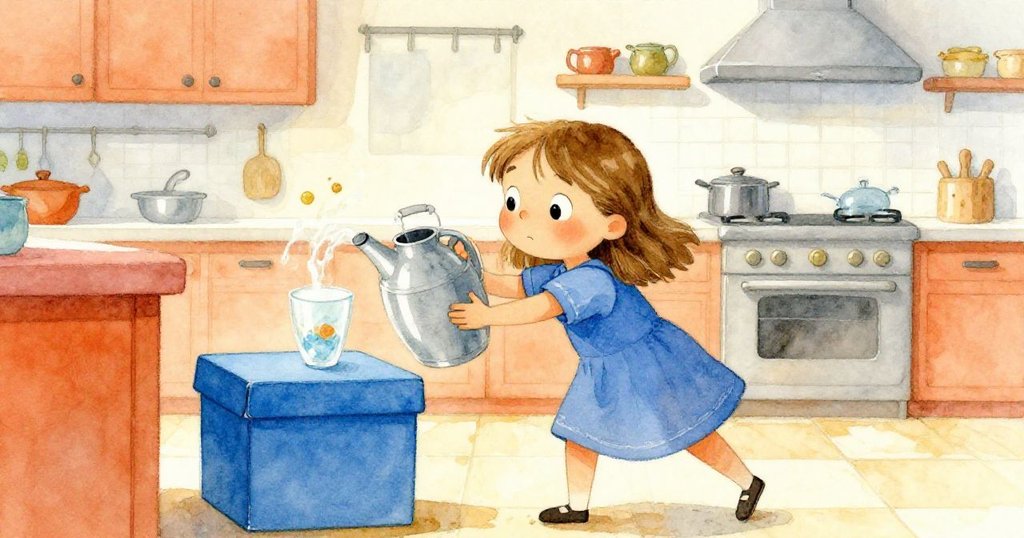 在廚房另一角落，Gwen迅速推動大水瓶，讓明亮藍色收納盒顯現，水瓶碰到玻璃開始移動，動作果敢而充滿活力。