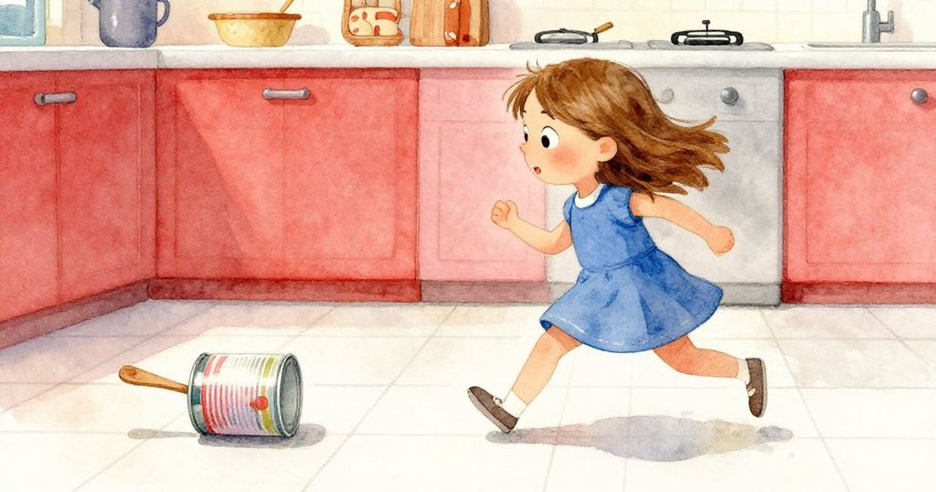 Gwen眼中流露出驚訝與決心，迅速跨步迎向滾動罐頭，用木勺阻擋其前進，廚房瓷磚上充滿動態氣息與緊張瞬間。