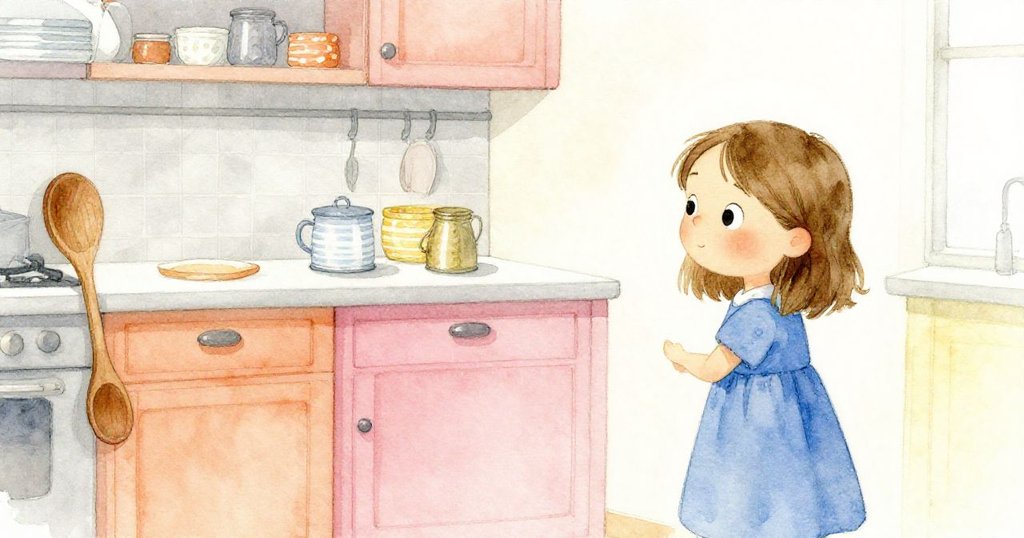 廚房恢復平靜，Gwen靜立角落望著被木勺阻擋的罐頭，桌邊水流仍輕輕滴落，整個空間呈現出溫暖與寧靜的氛圍。