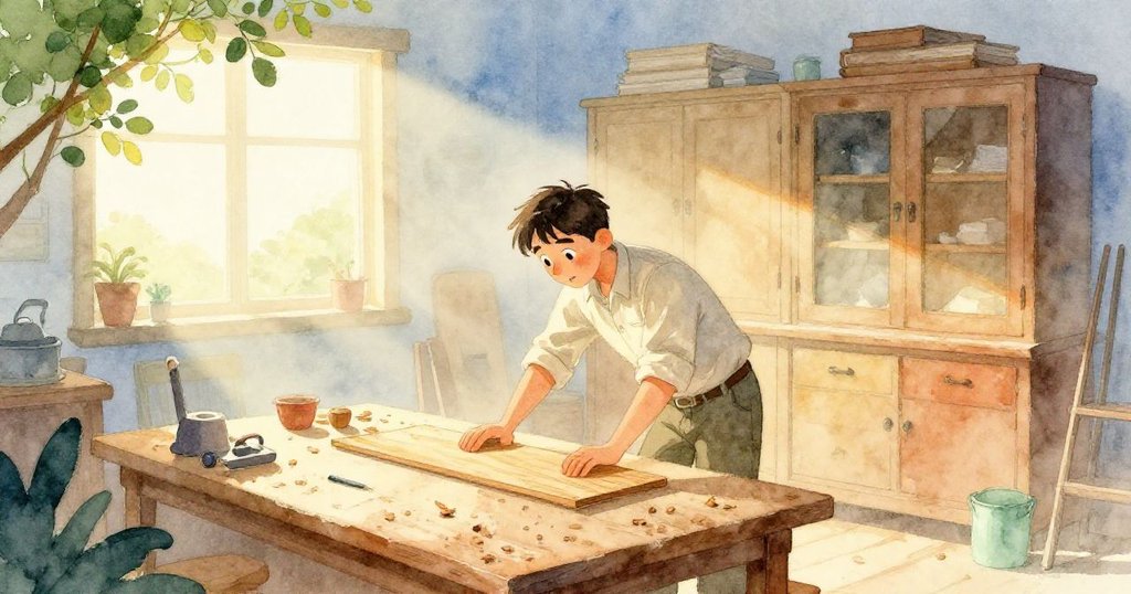 Seth在充滿晨霧的工作室內，正滑動細木板於桌上，露出輕柔光線與飛揚鋸末，神情專注迎接新的一天。