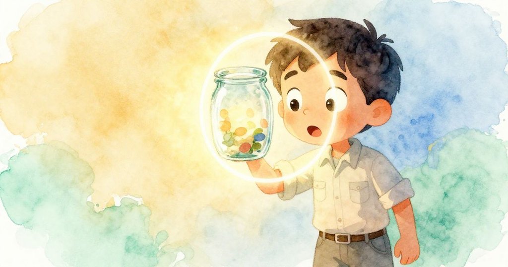 Seth特寫臉龐，眼中流露驚奇與好奇，正注視玻璃瓶邊散發的明亮光環，情感豐富。