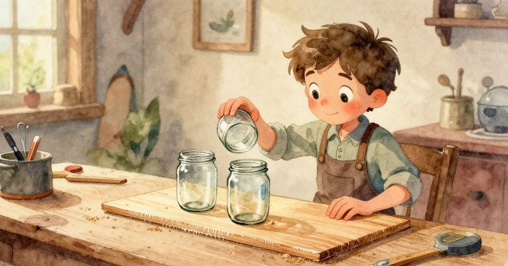 從Seth背後觀察，桌上擺放著空玻璃瓶、工具，以及櫥櫃上陳列的陶偶與畫板，充滿探索與懷舊氛圍。