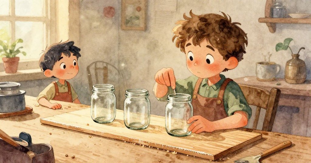 從高處俯視整個工作室，窗外光芒灑落於裝滿水之玻璃瓶，陶偶靜立其上，場景充滿寧靜與夢幻。