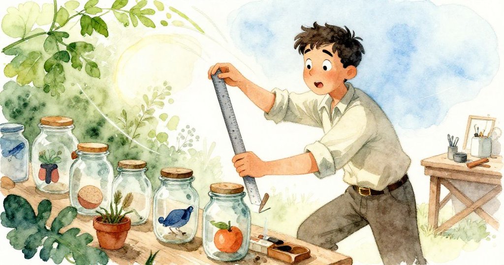 Seth動作敏捷地移動金屬尺子，敲擊玻璃瓶邊緣產生共鳴之聲，展現出專注與活力，畫面生動流暢。