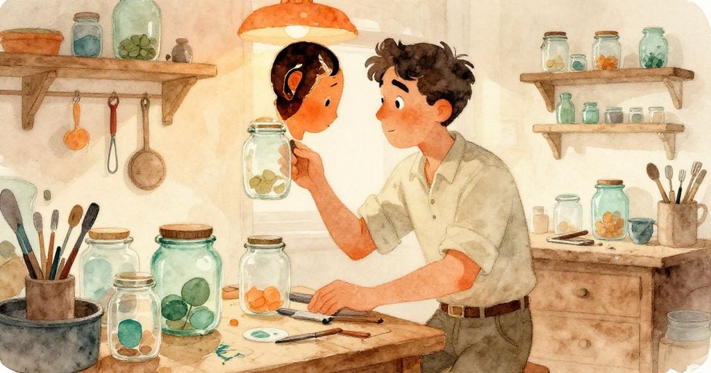 Seth與工作台上各式工具互動，象徵性地傳遞著隱秘訊息，滿懷溫柔與滿足，展現寧靜而神秘的情感。