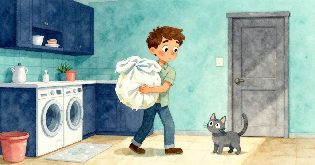 格蘭特手持溼衣物邁向樓梯，小灰貓靠近鋼灰色門邊，洗衣房中機器運作發出低鳴，氣氛溫馨忙碌。