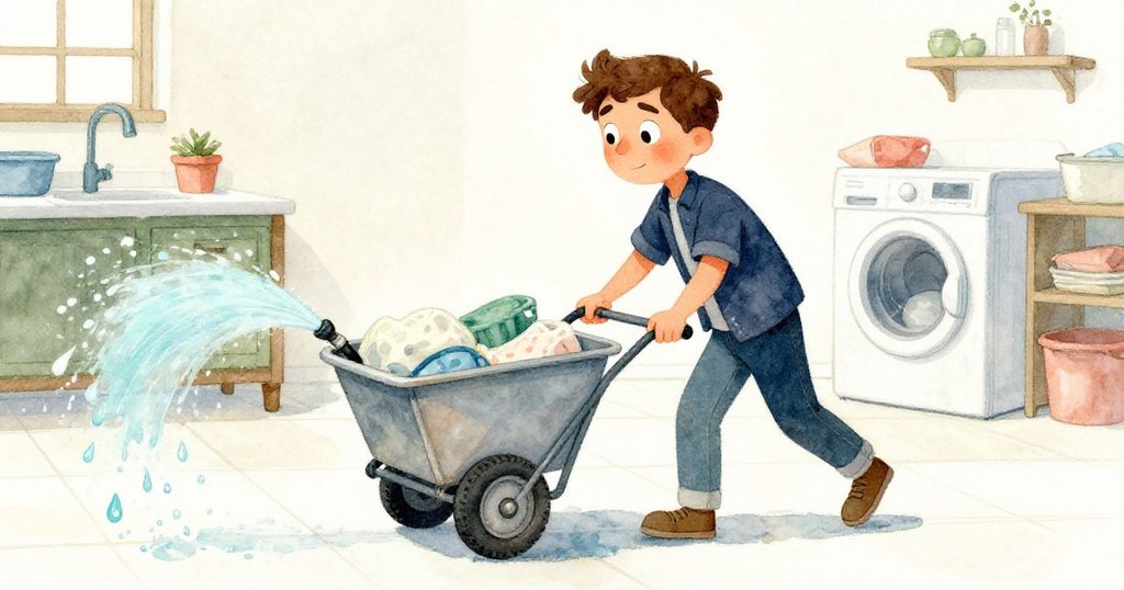 格蘭特推著晃動的洗衣車行進在淡白磁磚上，藍光噴灑隨水滴飛散，呈現動態生活中的小插曲。