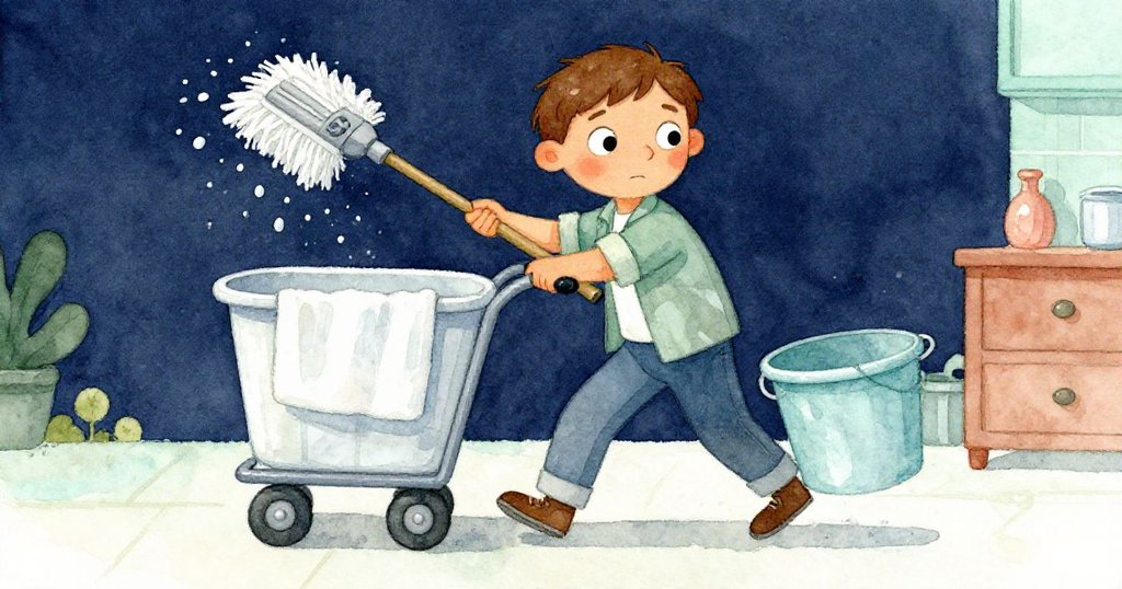 格蘭特低角度畫面中小心推車繞開搖晃拖把桶，濕袖擦臉神情專注，洗衣房氣氛緊繃。