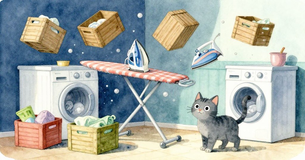 混亂中箱子、熨衣板與板凳交錯落下，超現實幾何重疊，小灰貓驚跳現場充滿張力。